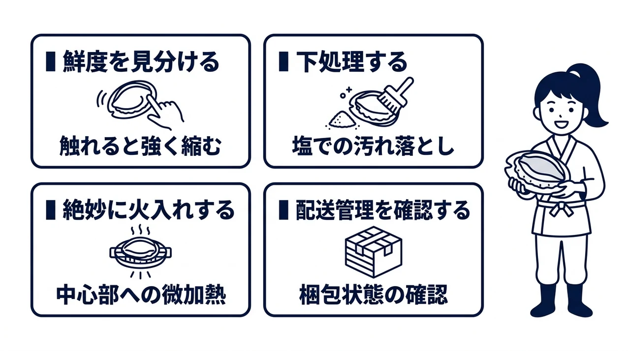 鮮度の良いあわびの選び方と調理のコツの要点をまとめた図解（鮮度を見分ける・下処理する・絶妙に火入れする）