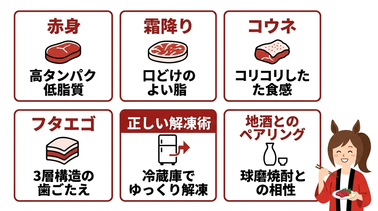 熊本で馬刺し(熊本)を楽しむための基礎知識の要点をまとめた図解(赤身・霜降り・コウネ)
