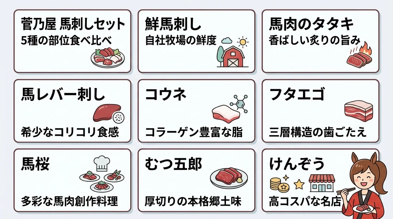 熊本の味を堪能できるおすすめ名店と通販9選の要点をまとめた図解(菅乃屋 馬刺しセット・鮮馬刺し・馬肉のタタキ)