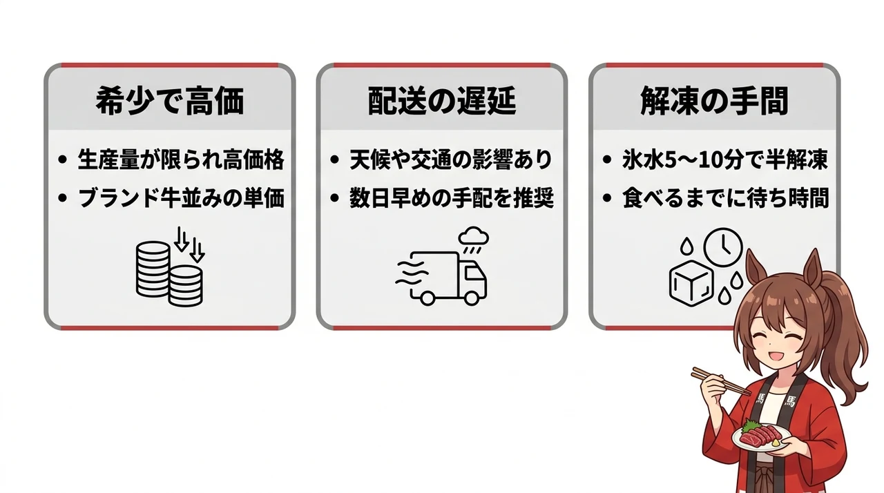 熊本馬刺しを扱う際のデメリット3つの要点をまとめた図解(希少で高価・配送の遅延・解凍の手間)