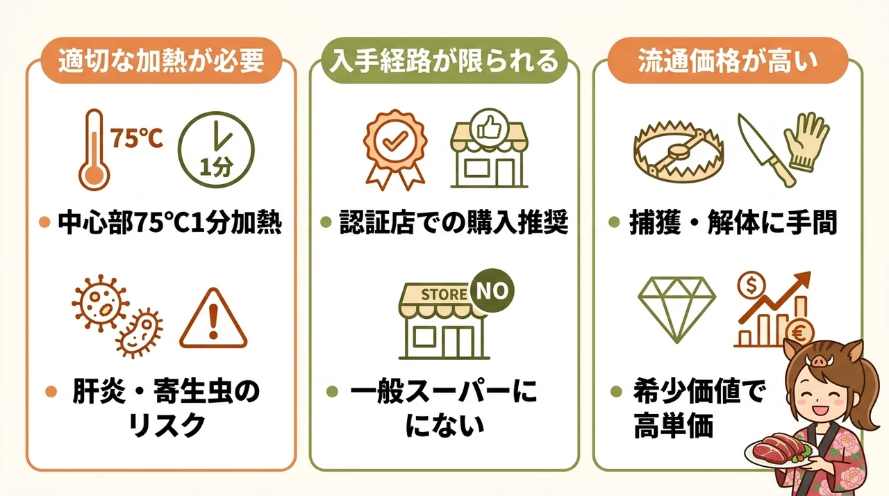 猪肉を扱う際のデメリット3つの要点をまとめた図解(適切な加熱が必要・入手経路が限られる・流通価格が高い)
