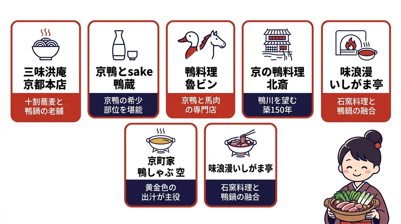 京都で味わう絶品の鴨鍋おすすめ店7選の要点をまとめた図解(三味洪庵 京都本店・京鴨とsake 鴨蔵・鴨料理 鴨ぱと)