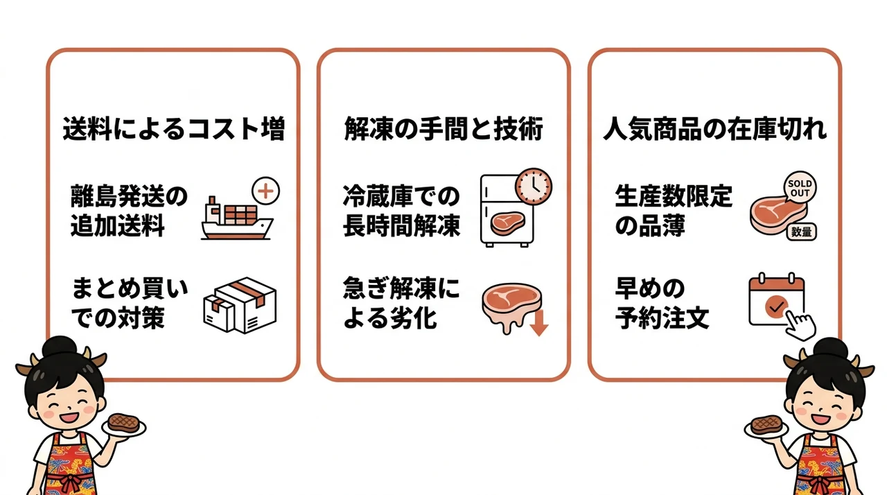 石垣牛を通販で取り寄せる際のデメリット3つの要点をまとめた図解(送料によるコスト増・解凍の手間と技術・人気商品の在庫切れ)