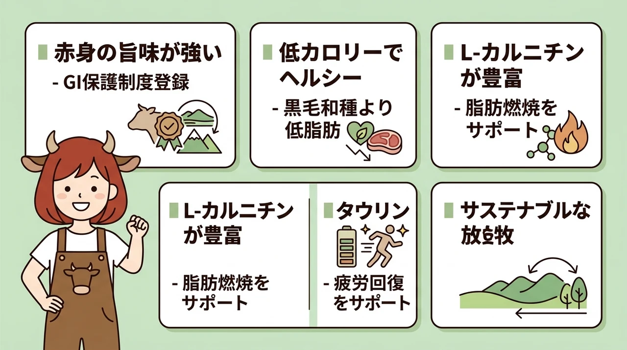 熊本あか牛の魅力とメリット5つの要点をまとめた図解(赤身の旨味が強い・低カロリーでヘルシー・L-カルニチンが豊富)