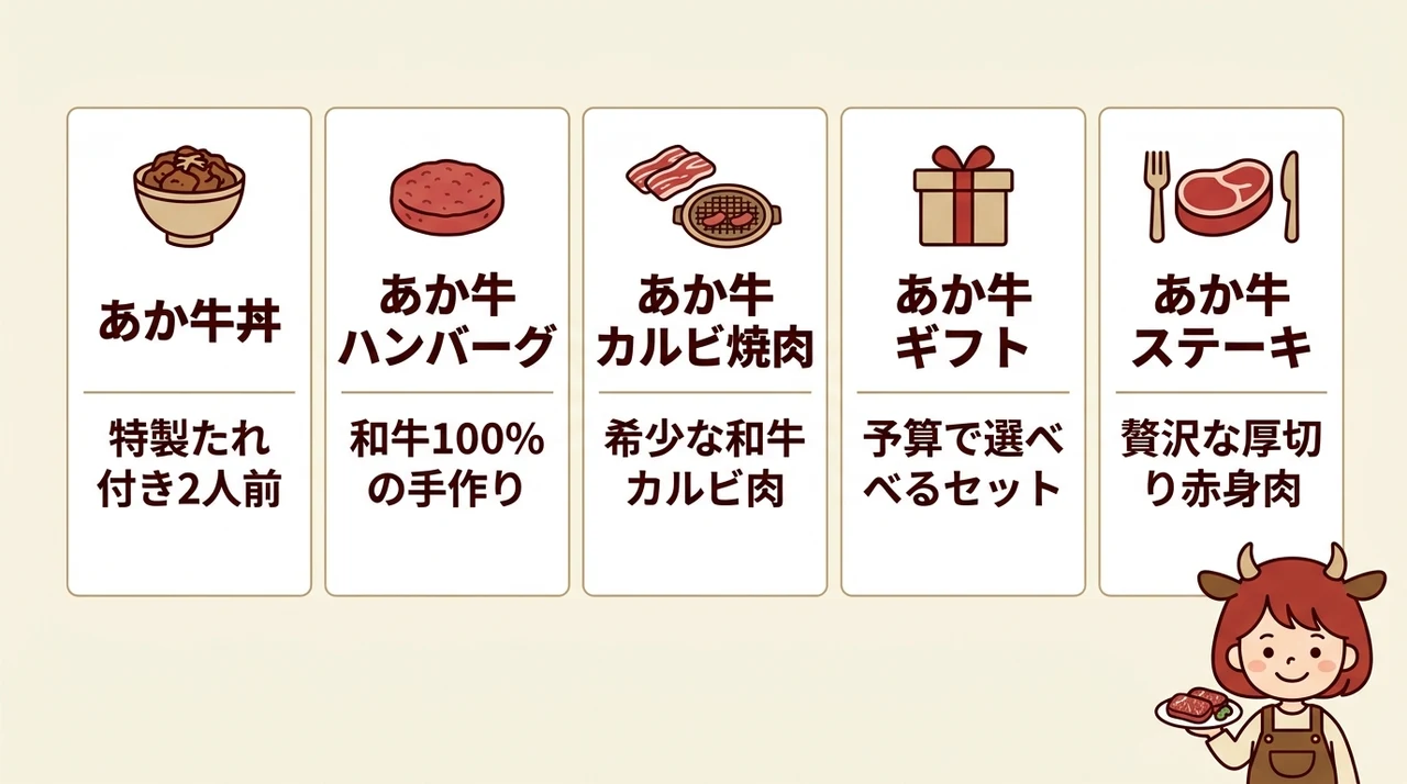 熊本あか牛を通販で楽しむ商品5選の要点をまとめた図解(あか牛丼・あか牛ハンバーグ・あか牛カルビ焼肉)