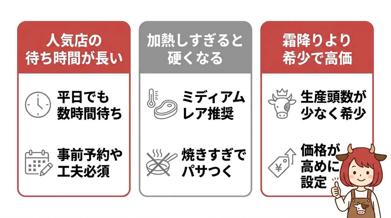 熊本あか牛を食べる際のデメリット3つの要点をまとめた図解(人気店の待ち時間が長い・加熱しすぎると硬くなる・霜降りより希少で高価)