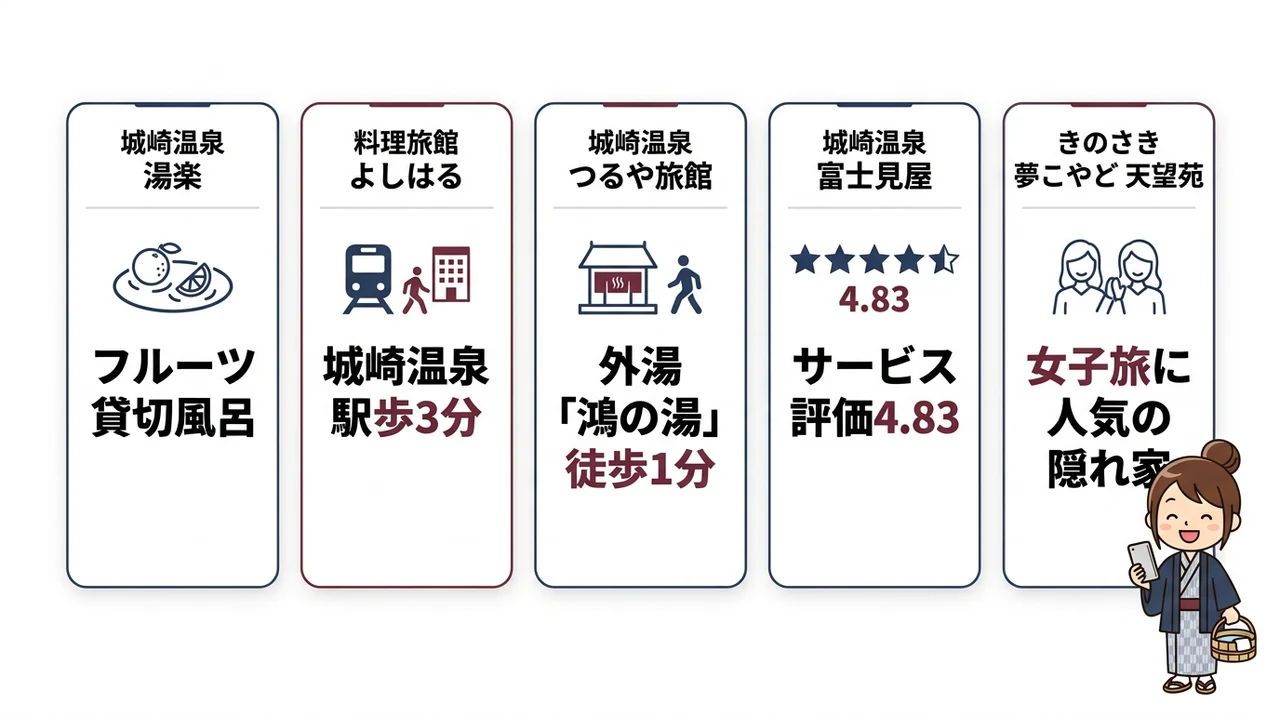 城崎の温泉旅館を直前予約できるおすすめ5選の要点をまとめた図解(城崎温泉 湯楽・料理旅館 よしはる・城崎温泉 つるや旅館)