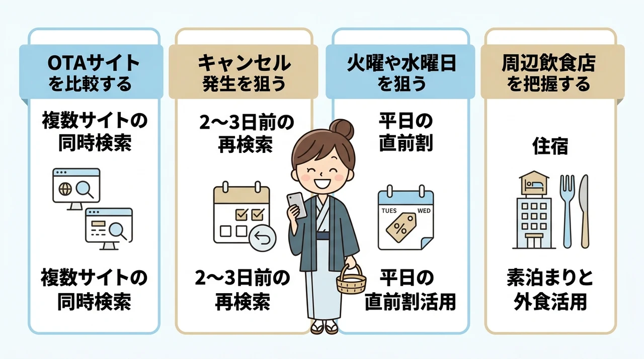 直前予約でも失敗しないための宿選びのコツの要点をまとめた図解(OTAサイトを比較する・キャンセル発生を狙う・火曜や水曜日を狙う)