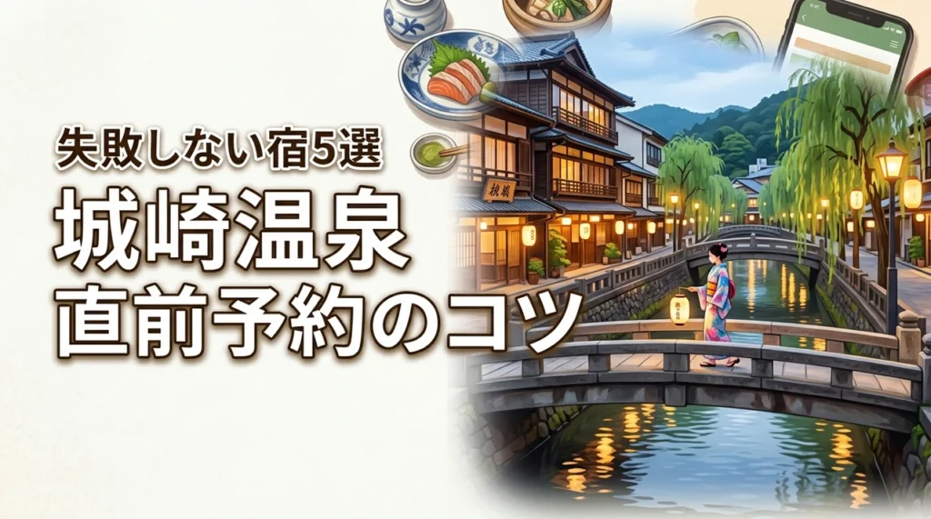 【必見】城崎の温泉旅館を直前予約して満喫！失敗しない宿の選び方とおすすめ5選（記事のアイキャッチ画像）
