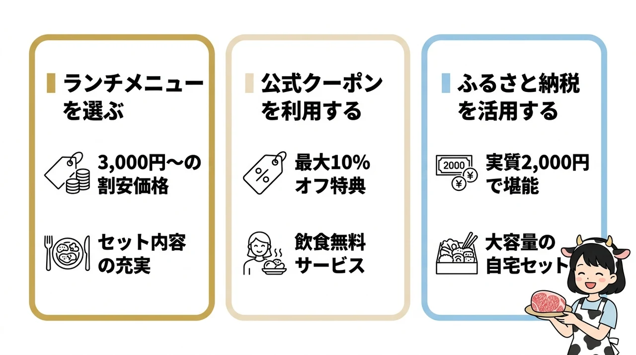 佐賀牛をお得に楽しむ選び方の要点をまとめた図解(ランチメニューを選ぶ・公式クーポンを利用する・ふるさと納税を活用する)
