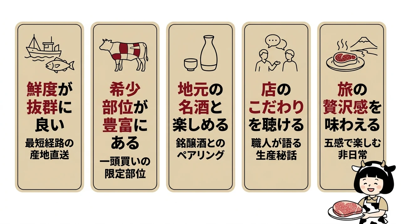 本場で佐賀牛を堪能するメリット5つの要点をまとめた図解(鮮度が抜群に良い・希少部位が豊富にある・地元の名酒と楽しめる)