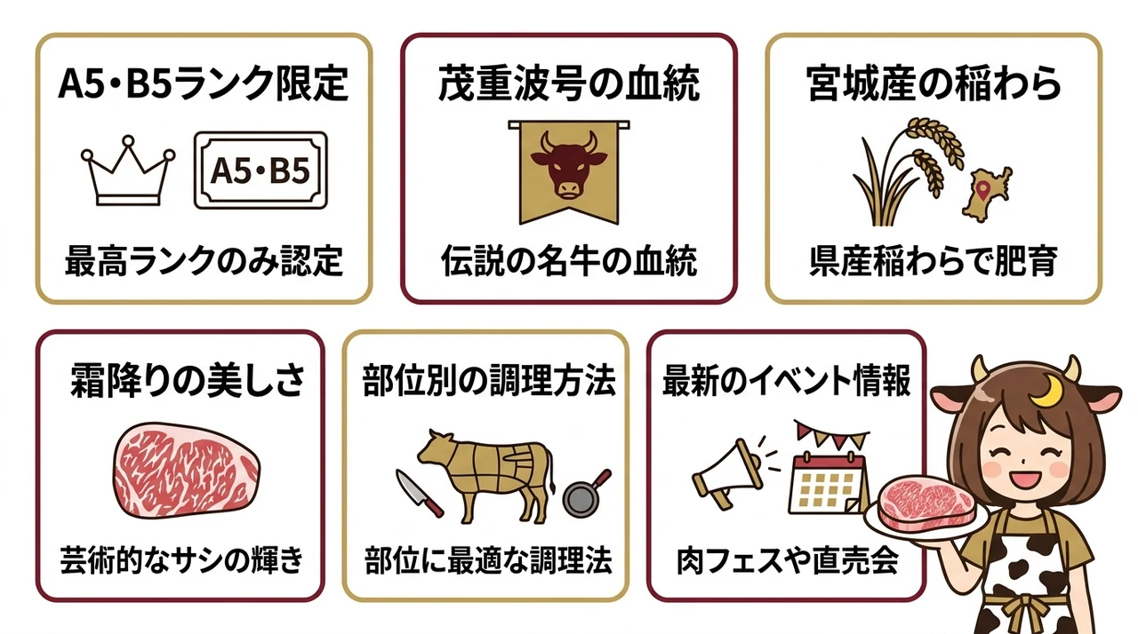 仙台牛（宮城）の格付け定義と特徴の要点をまとめた図解（A5・B5ランク限定・茂重波号の血統・宮城産の稲わら）