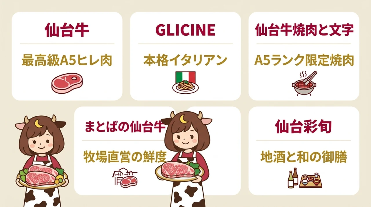 仙台牛（宮城）を堪能できるおすすめ5選の要点をまとめた図解（仙台牛・GLICINE・仙台牛焼肉と文字）