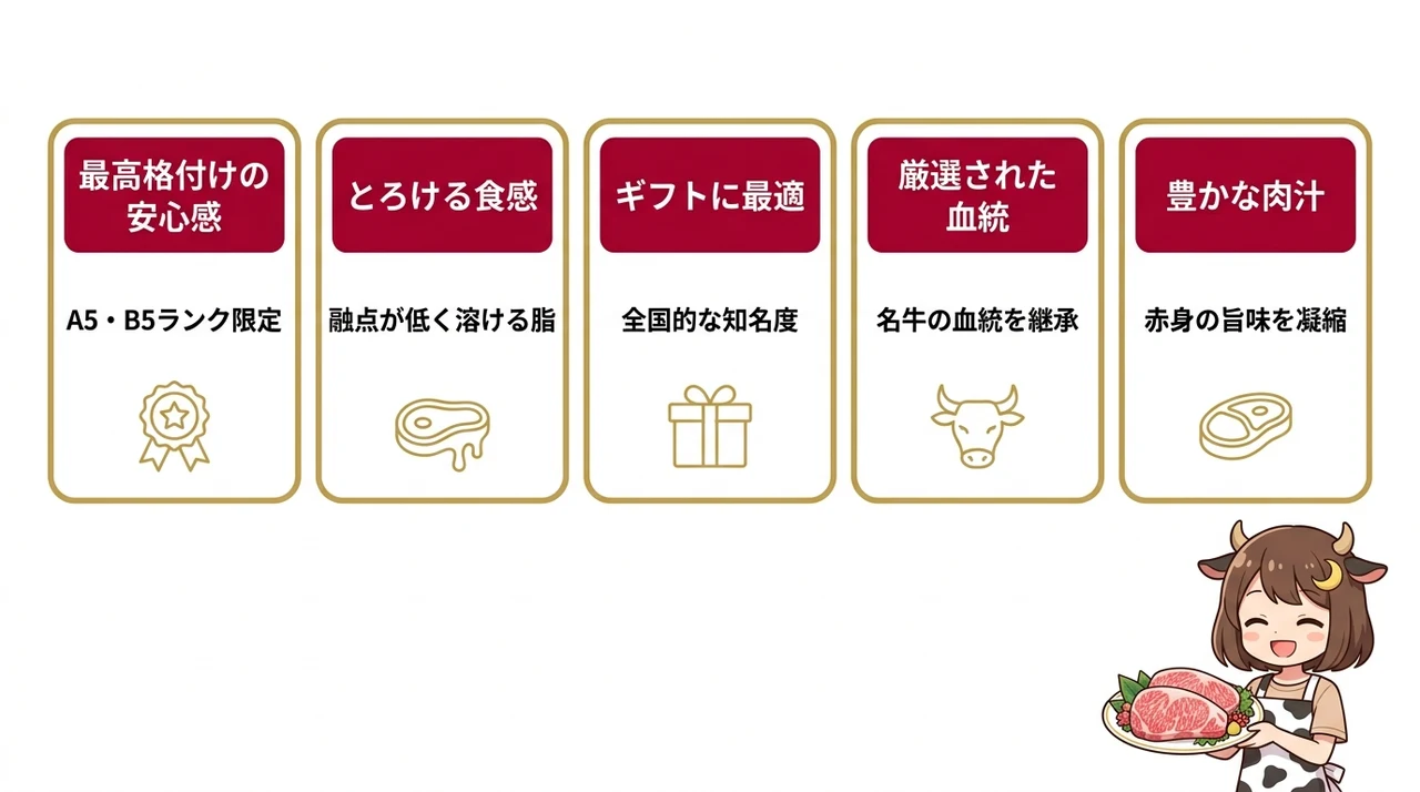 仙台牛を選ぶメリット5つの要点をまとめた図解（最高格付けの安心感・とろける食感・ギフトに最適）