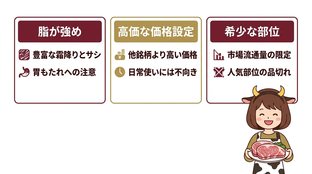 仙台牛を扱う際のデメリット3つの要点をまとめた図解（脂が強め・高価な価格設定・希少な部位）