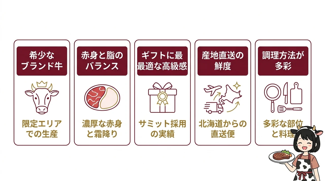 白老牛をギフトや自宅で楽しむメリット5つの要点をまとめた図解(希少なブランド牛・赤身と脂のバランス・ギフトに最適な高級感)