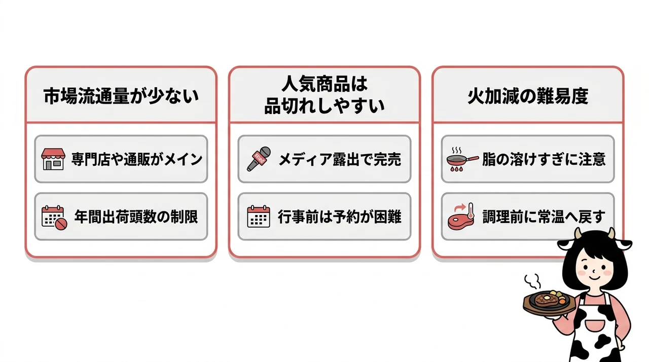 白老牛を購入・予約する際のデメリット3つの要点をまとめた図解(市場流通量が少ない・人気商品は品切れしやすい・火加減の難易度)