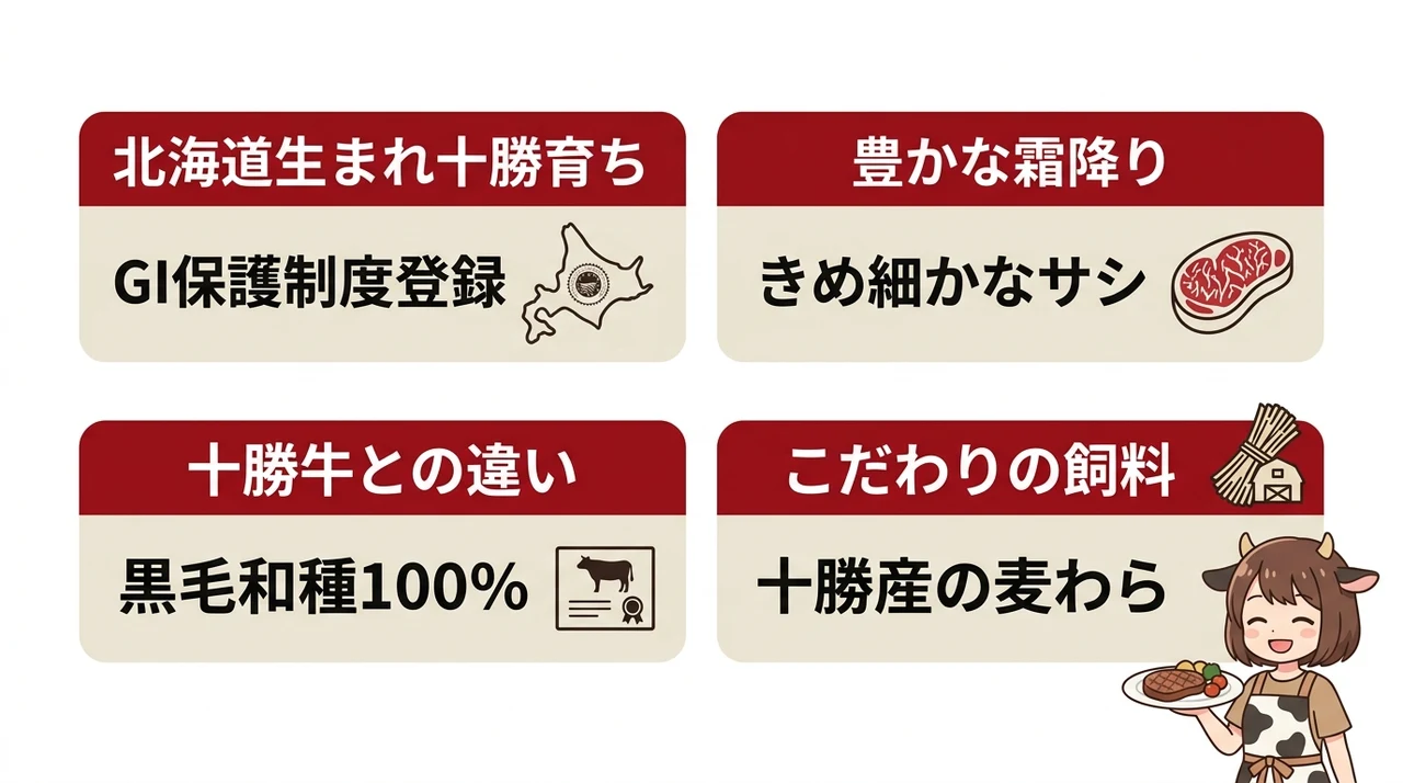 十勝和牛(北海道)の定義と十勝牛との違いの要点をまとめた図解(北海道生まれ十勝育ち・黒毛和種の豊かな霜降り・十勝牛との品種の違い)