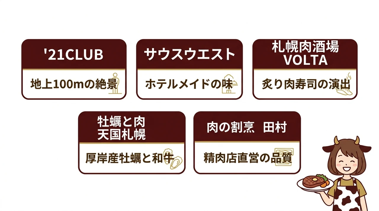 十勝和牛を堪能できるおすすめの名店5選の要点をまとめた図解(21CLUB・サウスウエスト・札幌肉酒場 VOLTA)
