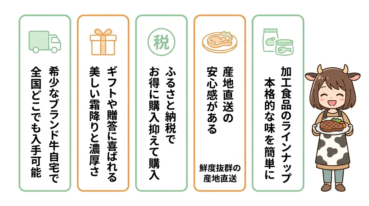十勝和牛をお取り寄せするメリット5つの要点をまとめた図解(希少なブランド牛を自宅で・ギフトや贈答に喜ばれる・ふるさと納税でお得に購入)