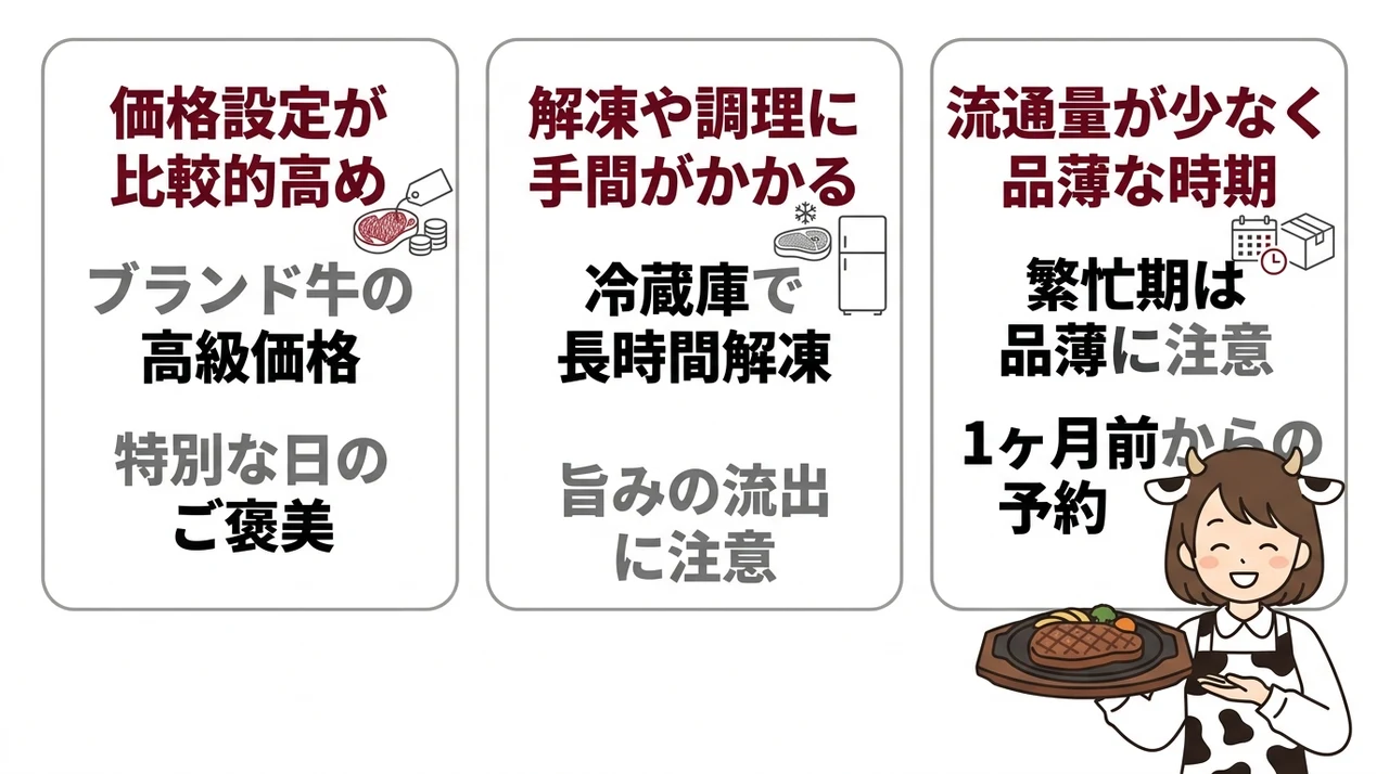 十勝和牛の購入時に知っておきたいデメリット3つの要点をまとめた図解(価格設定が比較的高め・解凍や調理に手間がかかる・流通量が少なく品薄な時期)