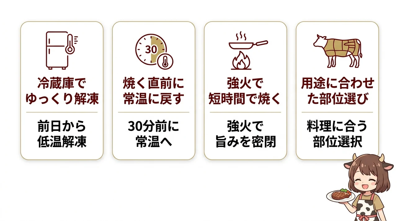 十勝和牛(北海道)を美味しく調理するコツの要点をまとめた図解(冷蔵庫でゆっくり解凍する・焼く直前に常温に戻す・強火で表面を短時間で焼く)