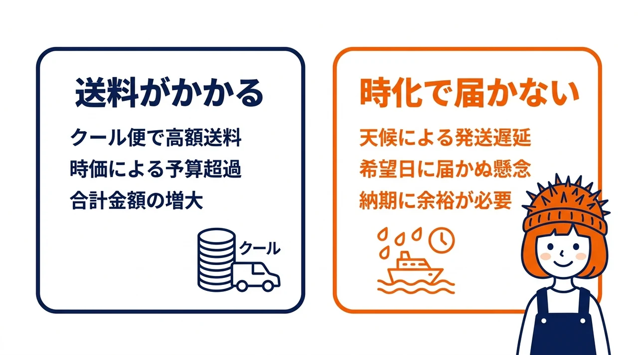 北海道のうにをお取り寄せで購入するデメリット2つの要点をまとめた図解（送料がかかる・時化で届かない）