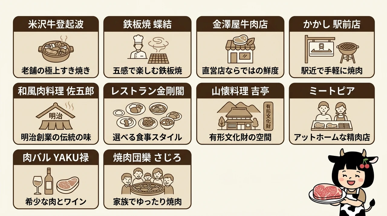 山形牛(山形)が堪能できるおすすめの名店10選の要点をまとめた図解(米沢牛登起波・鉄板焼 蝶結・金澤屋牛肉店)