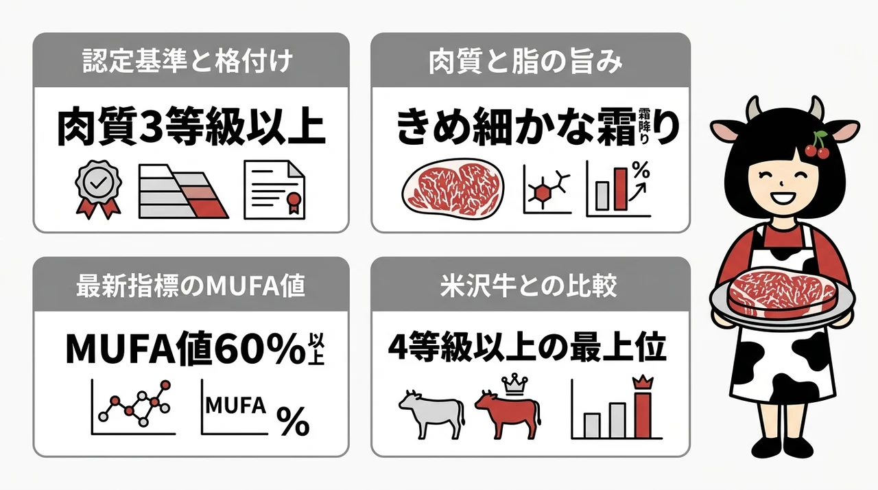山形牛の定義と米沢牛との明確な違いの要点をまとめた図解(認定基準と格付け・肉質と脂の旨み・最新指標のMUFA値)