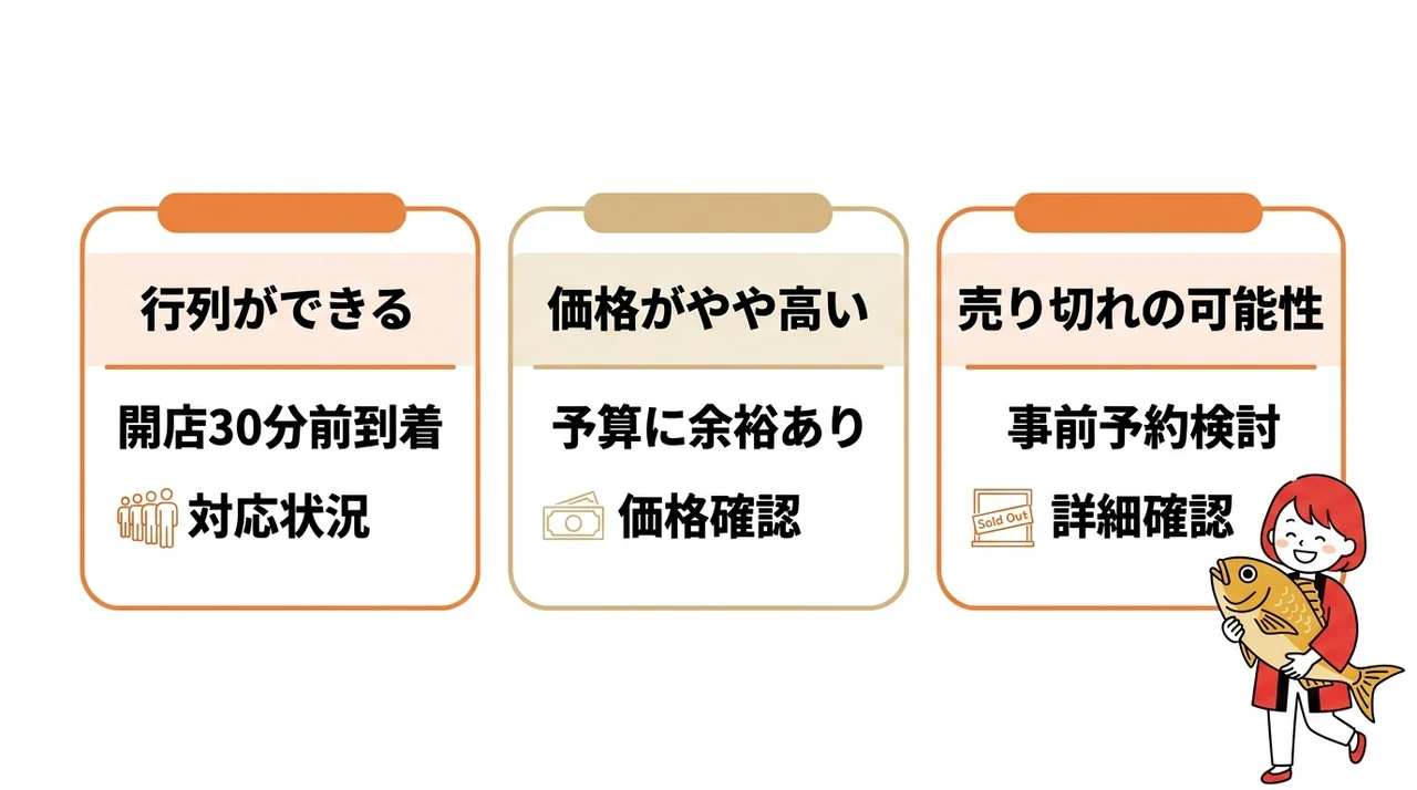 鴨川で金目鯛を堪能するデメリット3つの要点をまとめた図解(行列ができる・価格がやや高い・売り切れの可能性)