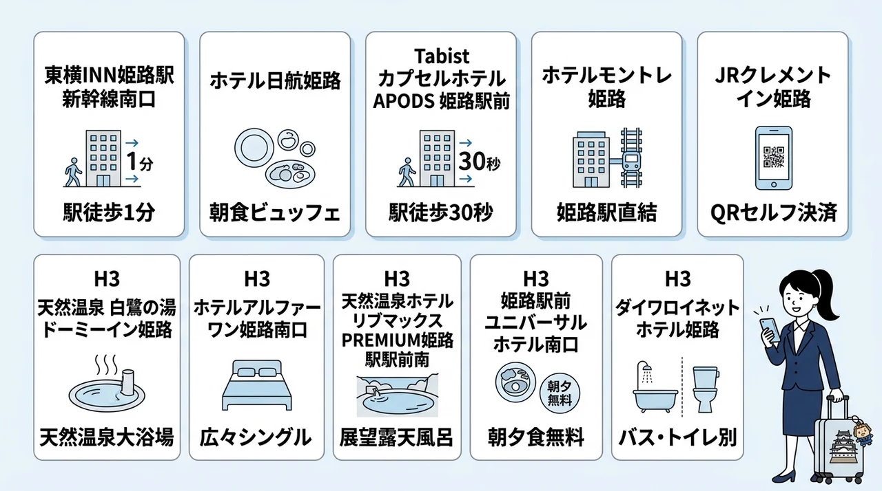 姫路で今夜泊まれるビジネスホテルの空室状況と予約方法の要点をまとめた図解（東横INN姫路駅新幹線南口・ホテル日航姫路・Tabist カプセルホテルAPODS ）
