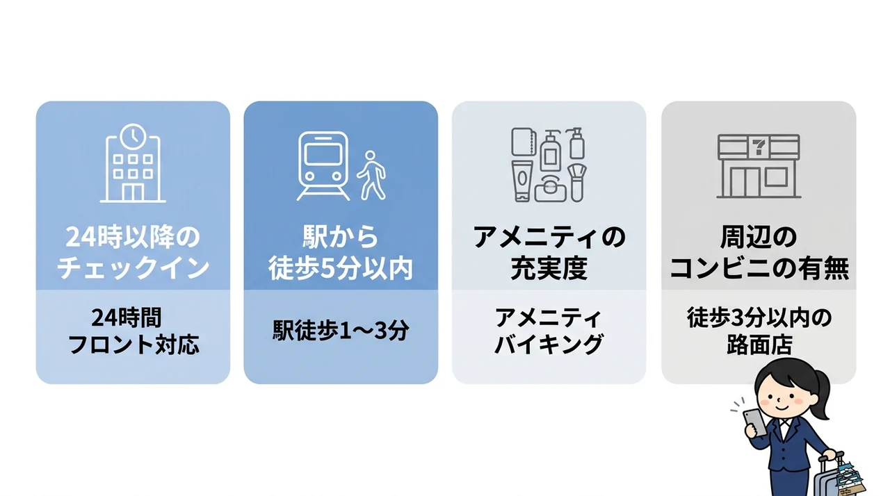 深夜でも安心な姫路のビジネスホテルの選び方の要点をまとめた図解（24時以降のチェックイン・駅から徒歩5分以内・アメニティの充実度）