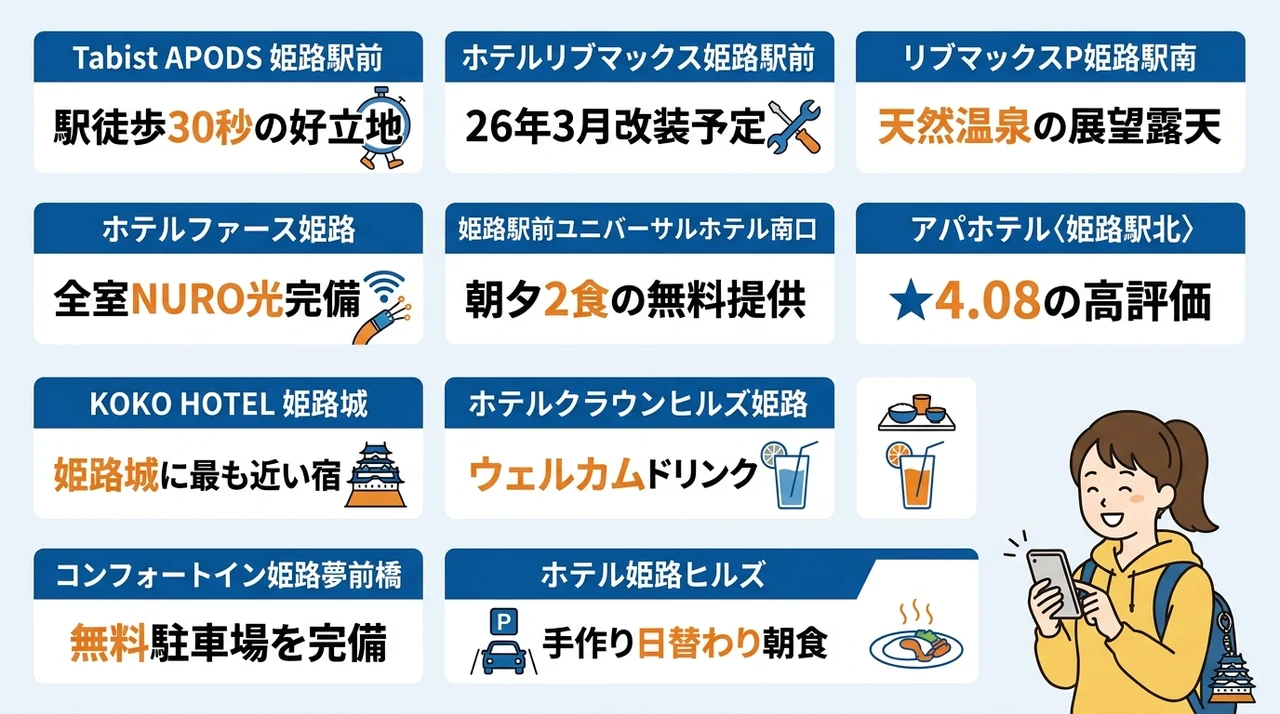 格安ホテルを姫路で今夜すぐ予約できる宿10選の要点をまとめた図解（Tabist APODS 姫路駅前・ホテルリブマックス姫路駅前・リブマックスP姫路駅南）