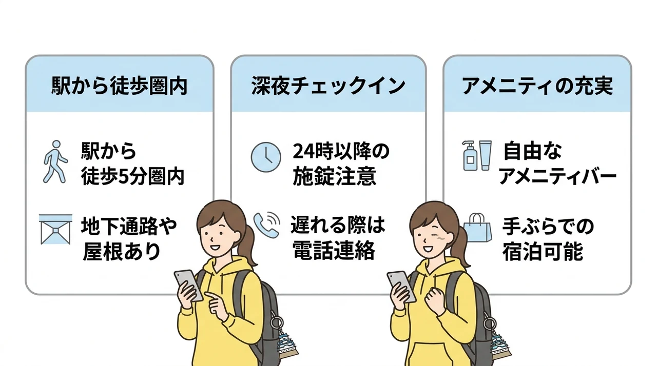 姫路の格安ホテルを当日に選ぶ3つのコツの要点をまとめた図解（駅から徒歩圏内・深夜チェックイン・アメニティの充実）