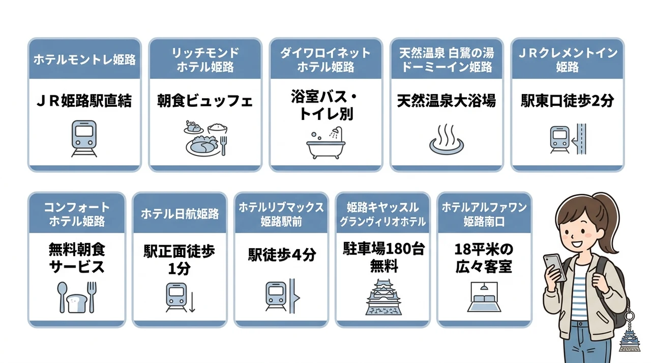 姫路で当日空いてる安いホテルおすすめ10選の要点をまとめた図解（ホテルモントレ姫路・リッチモンドホテル姫路・ダイワロイネットホテル姫路）