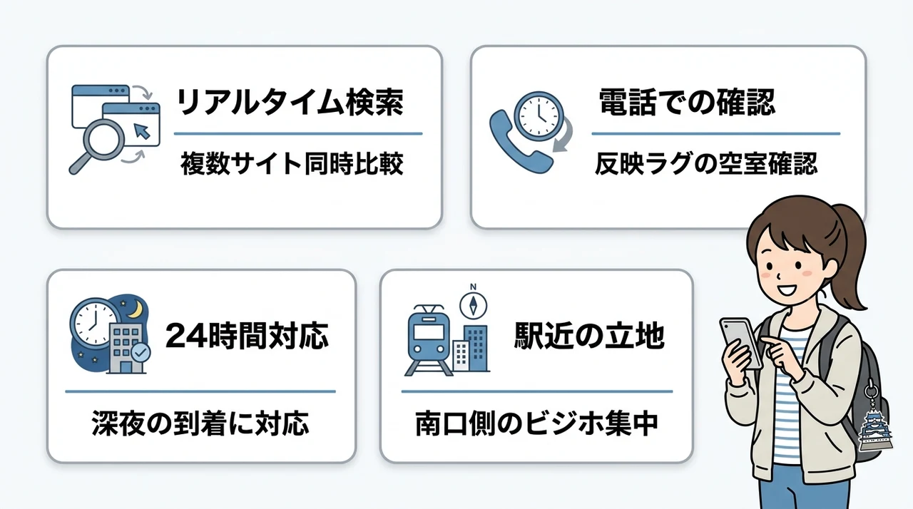 姫路駅周辺で当日でも空室を確保する選び方の要点をまとめた図解（リアルタイム検索・電話での確認・24時間対応）