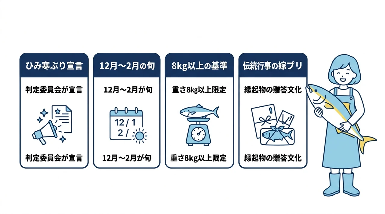 寒ブリ(富山・氷見)の魅力と旬の時期を解説の要点をまとめた図解(ひみ寒ぶり宣言の仕組み・12月から2月の旬の時期・8kg以上のブランド基準)