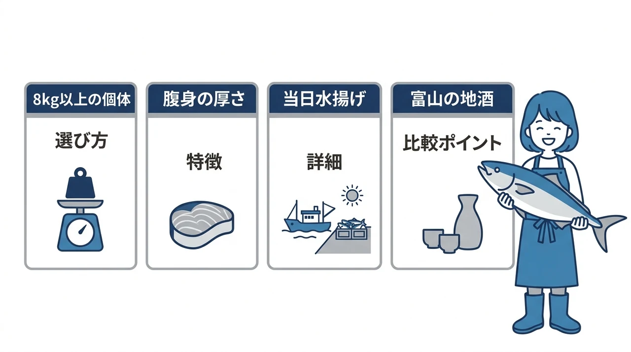 富山の寒ブリをお取り寄せする際の選び方の要点をまとめた図解(8kg以上の個体を選ぶ・腹身の厚さを確認する・発送当日の水揚げを狙う)