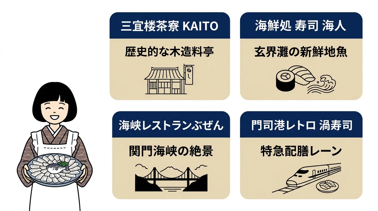 関門海峡の鮮魚会席（福岡・門司）を楽しめる名店4選の要点をまとめた図解（三宜楼茶寮 KAITO・海鮮処 寿司 海人・海峡レストランぶぜん）