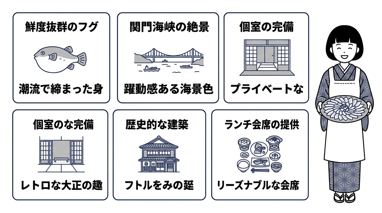 門司で味わう鮮魚会席のメリット5つの要点をまとめた図解（鮮度抜群のフグ・関門海峡の絶景・個室の完備）