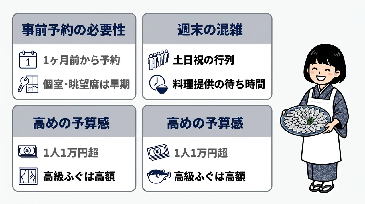 門司の鮮魚会席を利用するデメリット3つの要点をまとめた図解（事前予約の必要性・週末の混雑・高めの予算感）