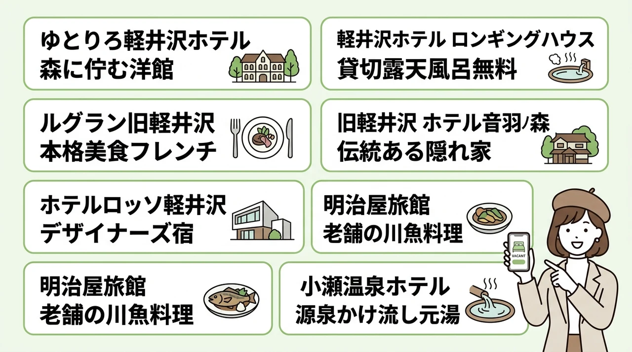 軽井沢の旅館で当日空室を見つけるおすすめ宿7選の要点をまとめた図解（ゆとりろ軽井沢ホテル・軽井沢ホテル ロンギングハウス・ルグラン旧軽井沢）
