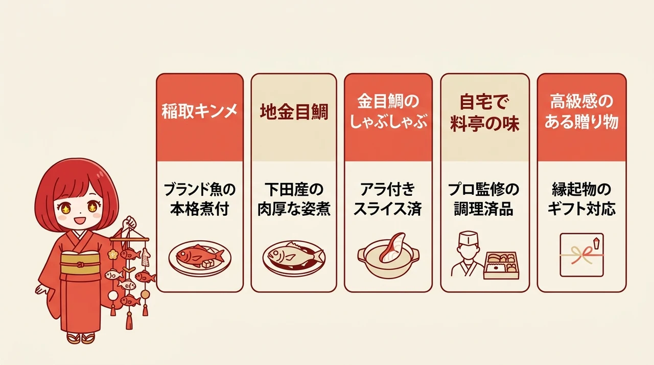 本場の味をご家庭で!金目鯛お取り寄せのメリット5つの要点をまとめた図解(稲取キンメ・地金目鯛・金目鯛のしゃぶしゃぶ)