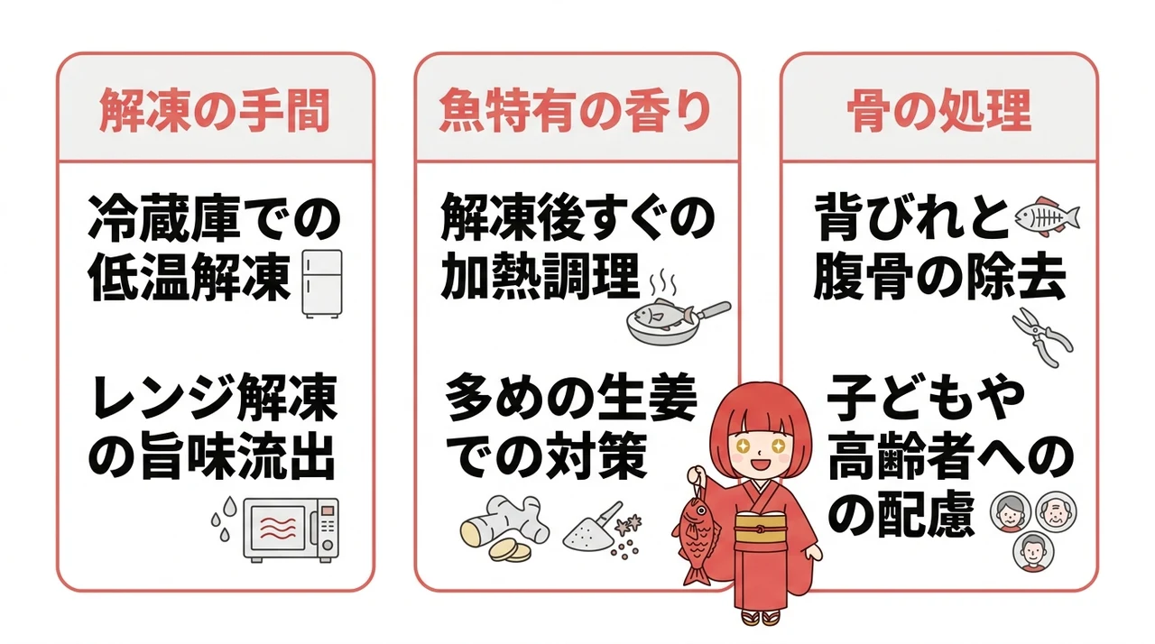 知っておきたい金目鯛の調理・保存時のデメリット3つの要点をまとめた図解(解凍の手間・魚特有の香り・骨の処理)