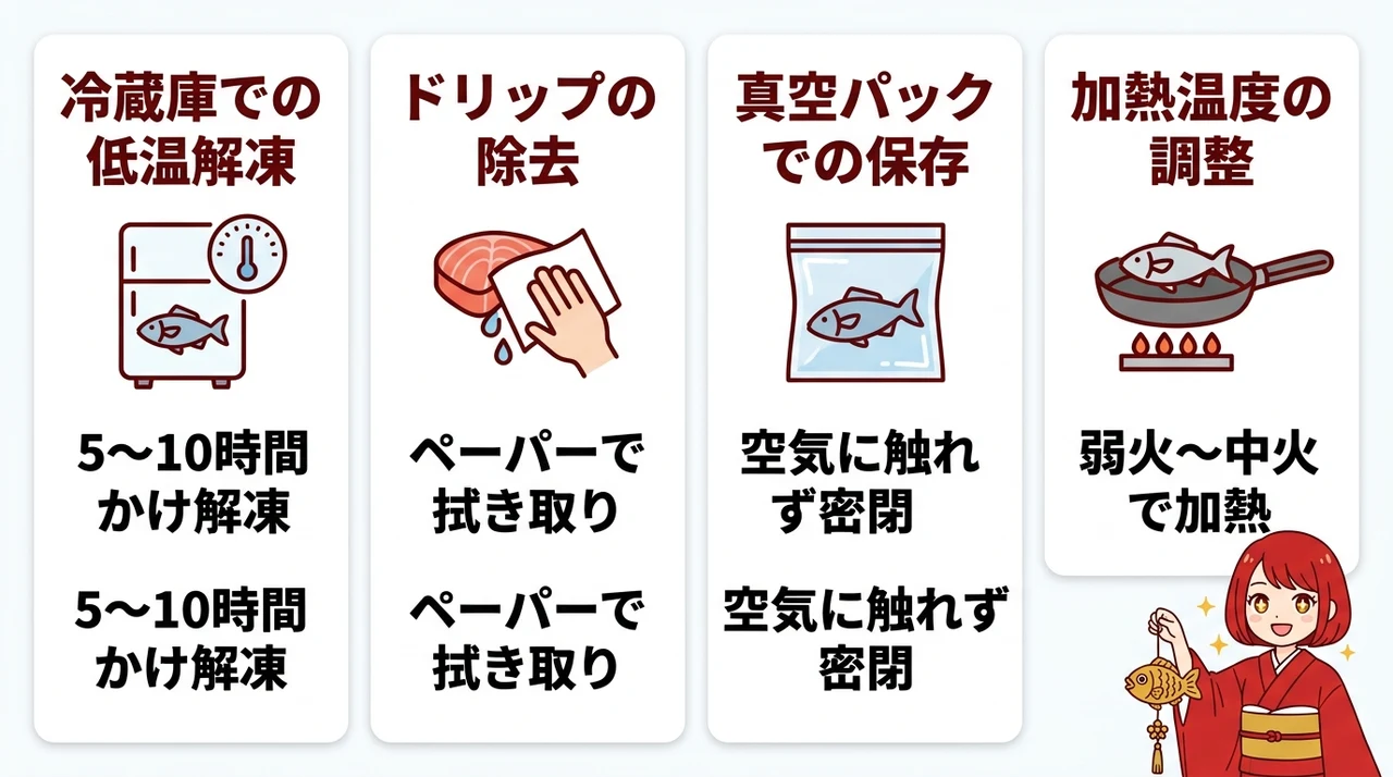 鮮度を落とさない金目鯛の解凍方法と保存のコツの要点をまとめた図解(冷蔵庫での低温解凍・ドリップの除去・真空パックでの保存)