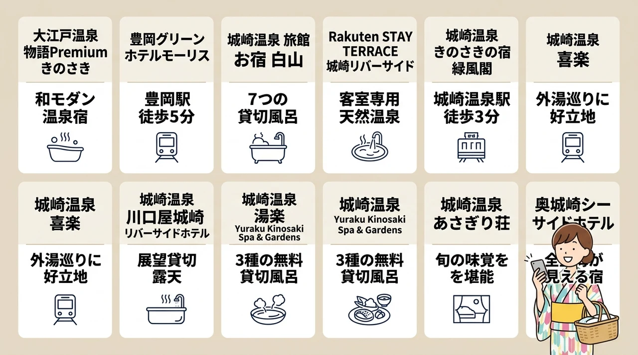 城崎温泉で今夜泊まれる当日予約可能な宿10選の要点をまとめた図解(大江戸温泉物語Premium きのさき・豊岡グリーンホテルモーリス・城崎温泉 旅館 お宿 白山)