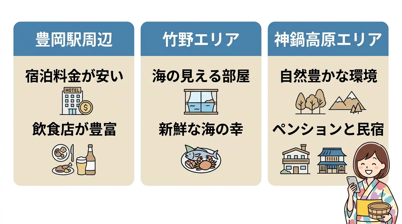 城崎温泉が満室の際に泊まれる周辺エリアの要点をまとめた図解(豊岡駅周辺・竹野エリア・神鍋高原エリア)