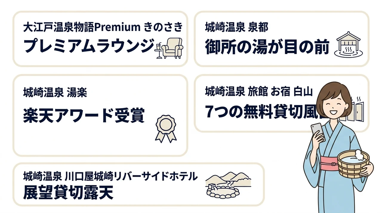 城崎で当日空室が見つかるおすすめ旅館5選の要点をまとめた図解(大江戸温泉物語Premium きのさき・城崎温泉 泉都・城崎温泉 湯楽)