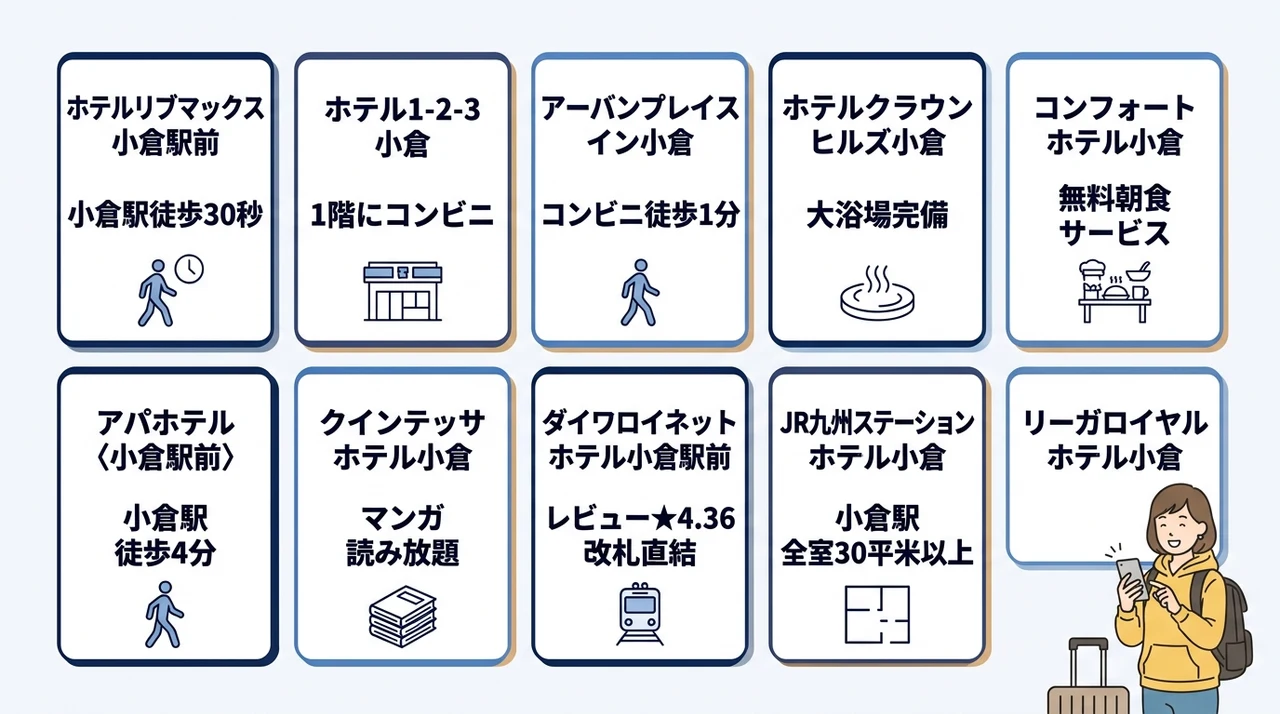 小倉の安いホテルで当日でも空いてる宿10選の要点をまとめた図解(ホテルリブマックス小倉駅前・ホテル1-2-3小倉・アーバンプレイスイン小倉)