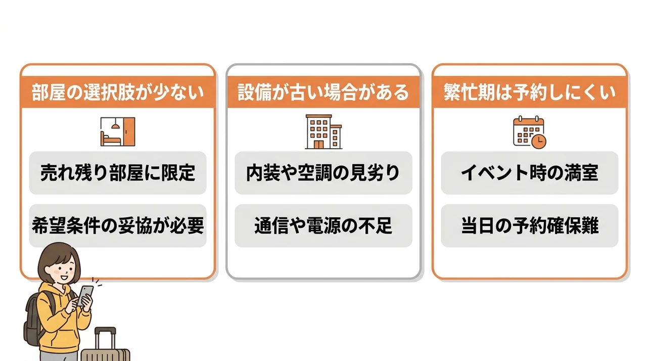 直前予約で格安ホテルを利用するデメリット3つの要点をまとめた図解(部屋の選択肢が少ない・設備が古い場合がある・繁忙期は予約しにくい)